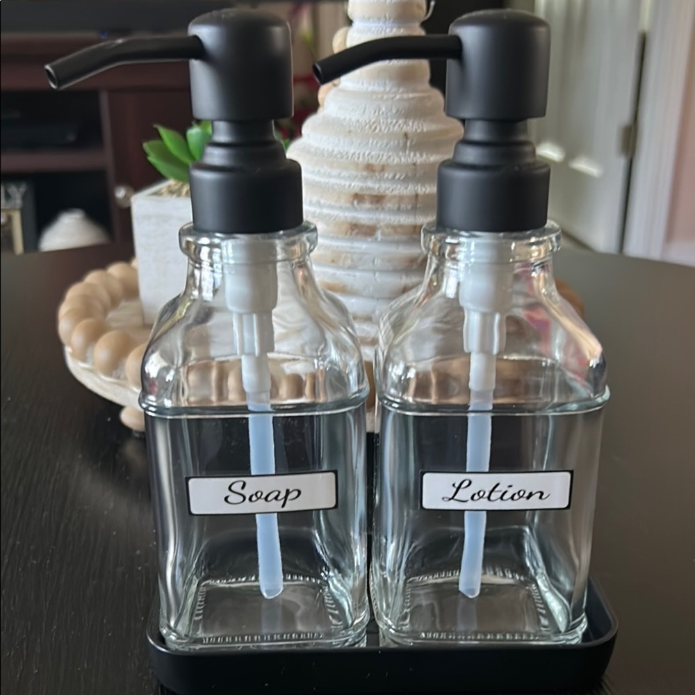 Glass Soap Dispenser Antique Design Thick Glass Set - Black NWOT